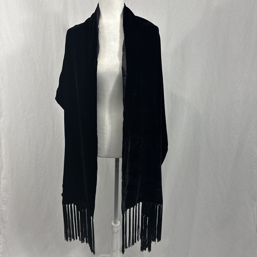 Kate Landry Black Velvet Tassel Fringe Silk Blend Shawl Wrap Womens O/S Formal